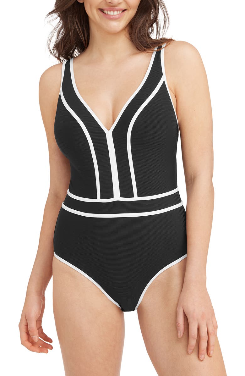 Sea Level Spliced One-Piece Swimsuit, Main, color, Black