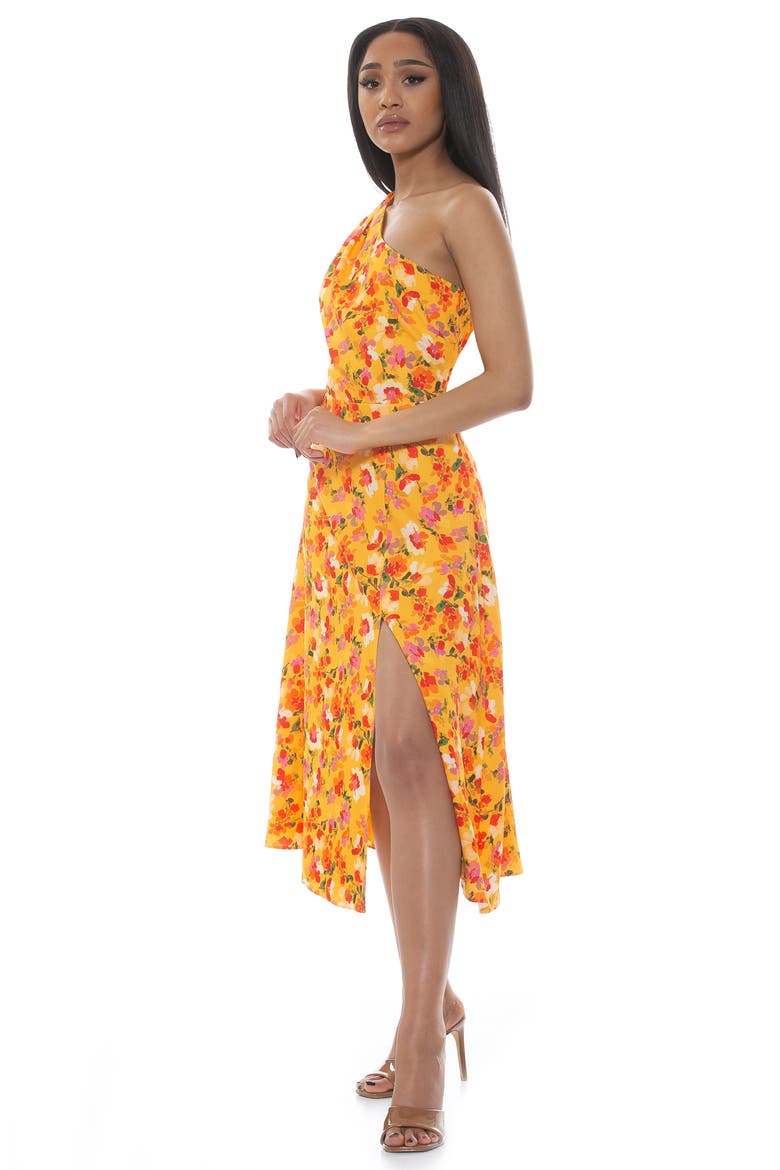Fay One Shoulder Fit & Flare Midi Dress, Alternate, color, YELLOW WATERCOLOR