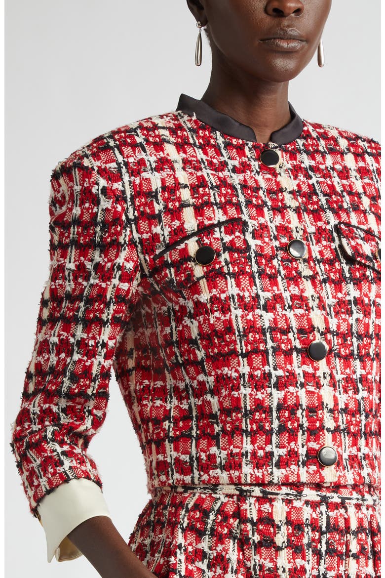 Plaid Eyelash Tweed Crop Jacket, Alternate, color, HAUTE RED/ BLACK/ PEARL MULTI