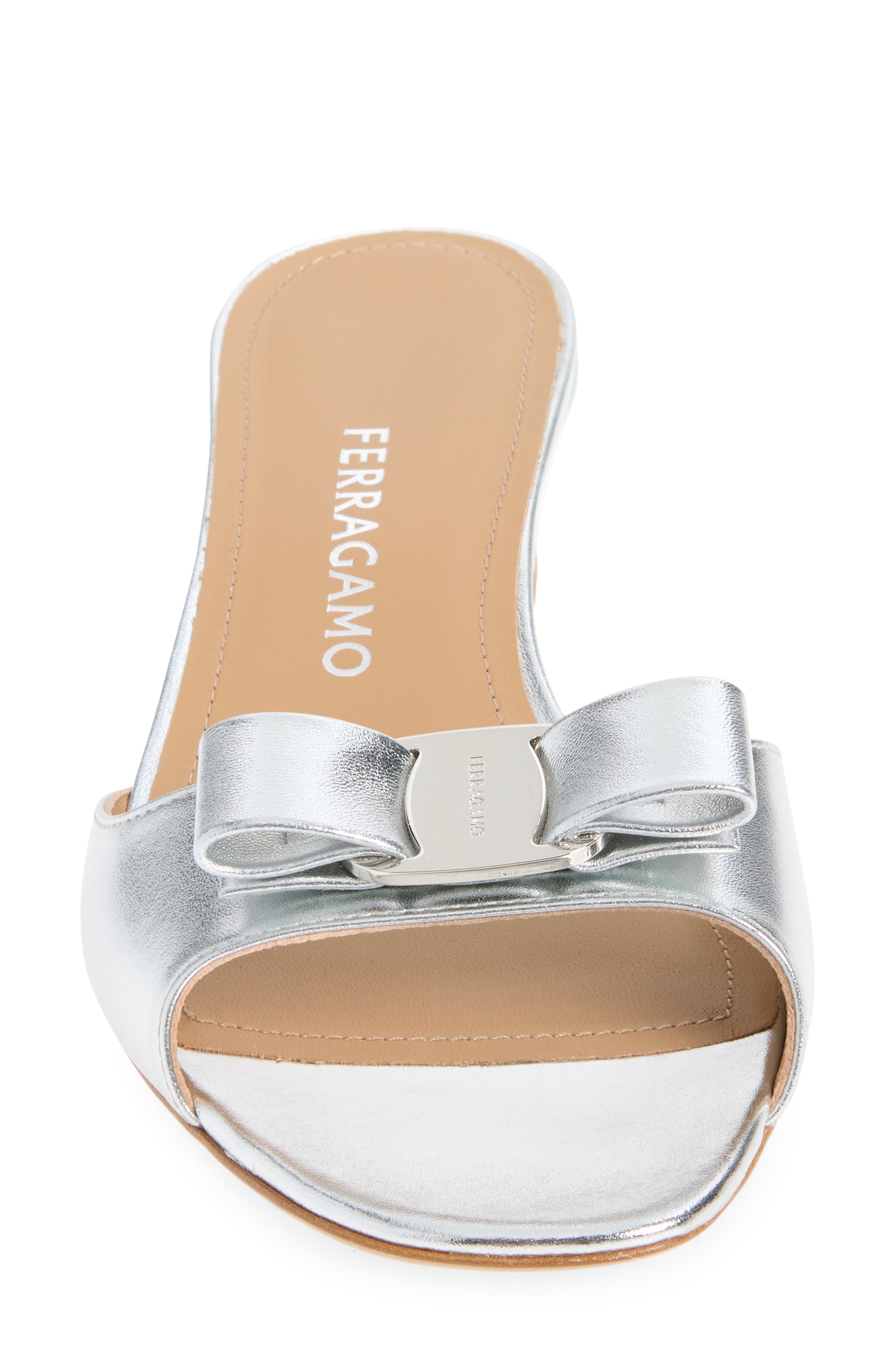 FERRAGAMO Vanilla Bow Slide Sandal, Alternate, color, Silver Fondo Bianco Biscotto
