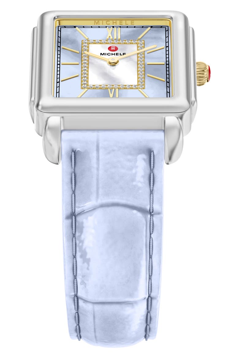 Deco II Diamond Mother-of-Pearl Leather Strap Watch, 26mm x 28mm, Alternate, color, BLUE/ WHITE GOLD