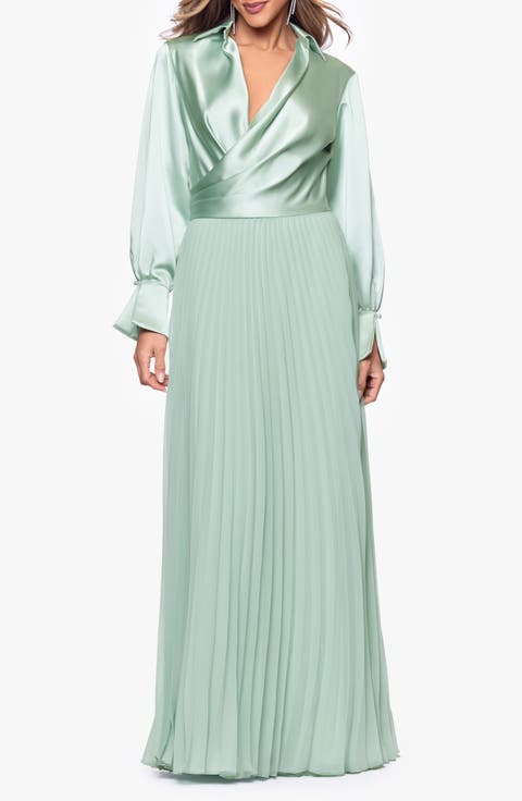 Pleated Satin Long Sleeve Gown