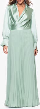 Xscape Evenings Pleated Satin Long Sleeve Gown