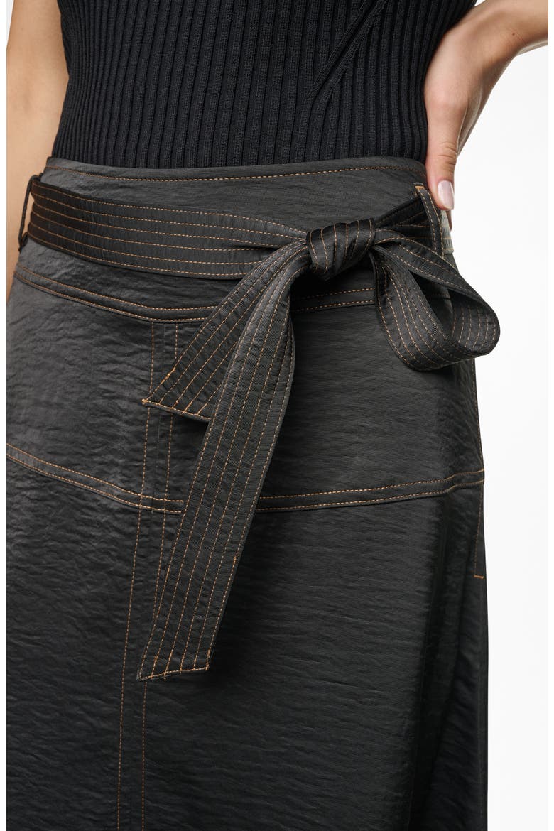 Tie Waist Contrast Stitch Midi Skirt, Alternate, color, BLACK