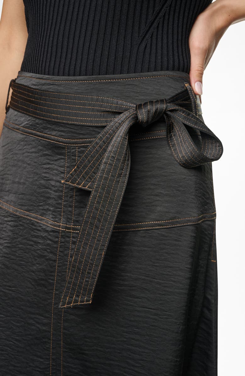 DKNY Tie Waist Contrast Stitch Midi Skirt, Alternate, color, Black