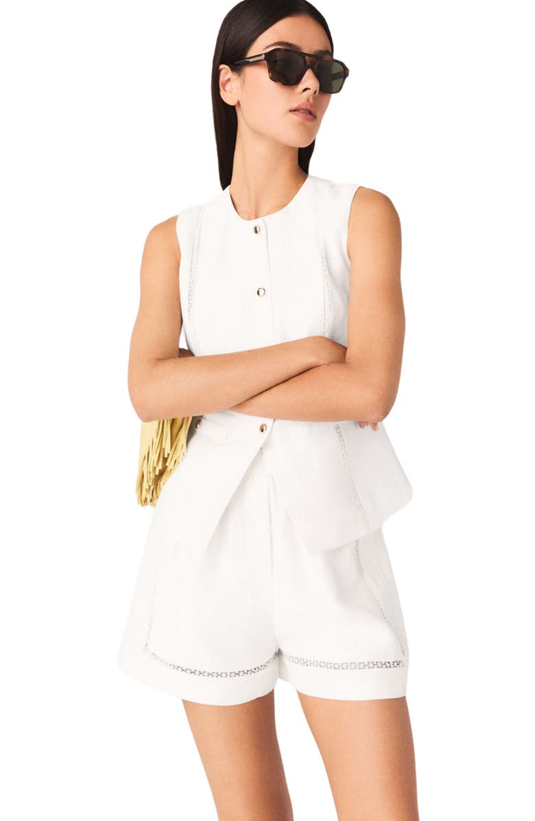 maje Embroidered linen blend shorts, Alternate, color, White