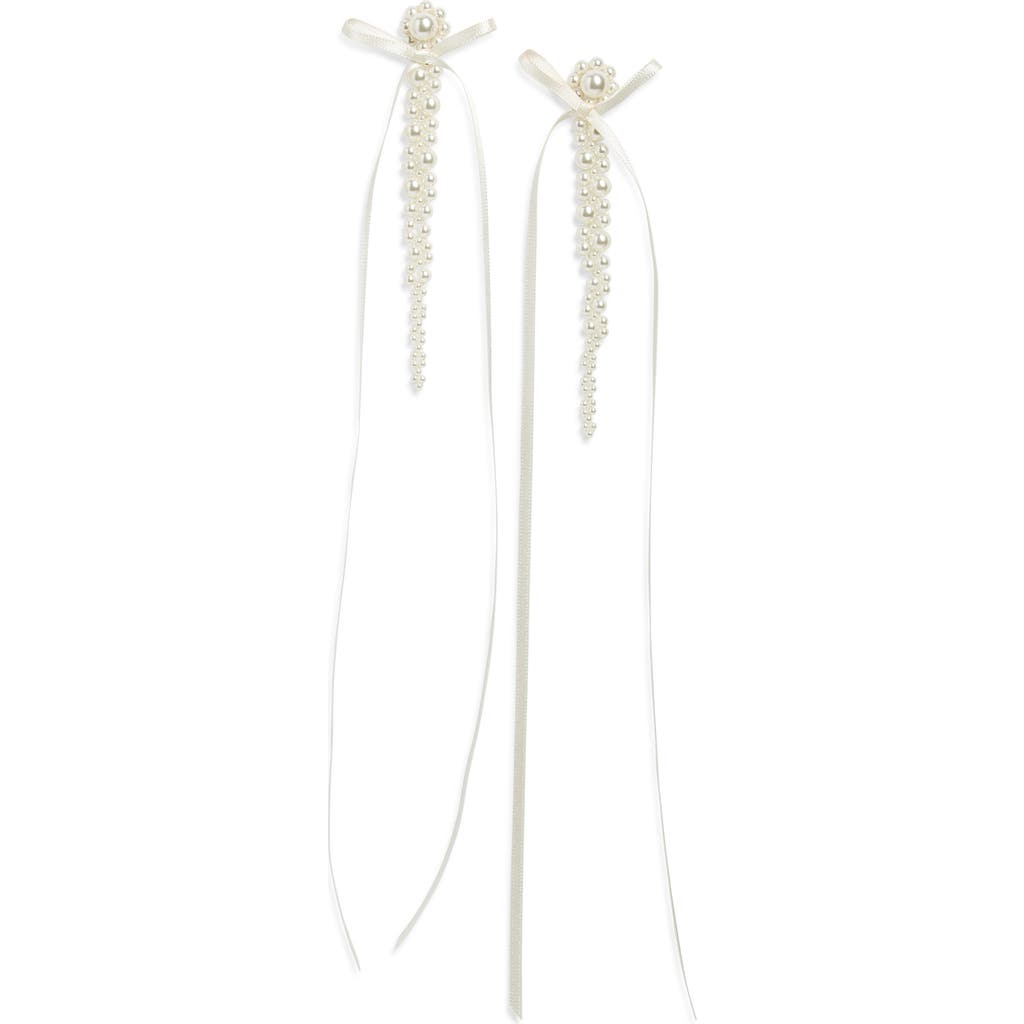 Simone Rocha Slim Bow Ribbon Drop Earrings In Pearl