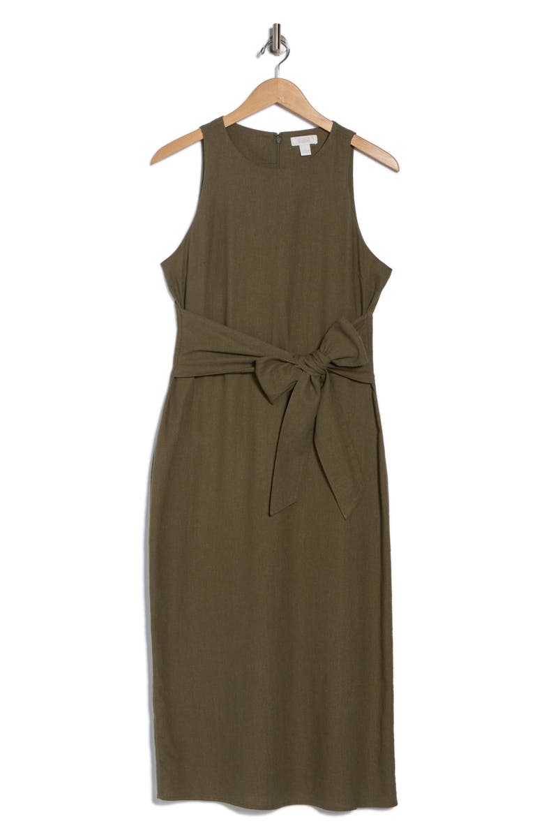 NORDSTROM RACK Sleeveless Tie Waist Linen Blend Midi Dress, Alternate, color, Olive Sarma