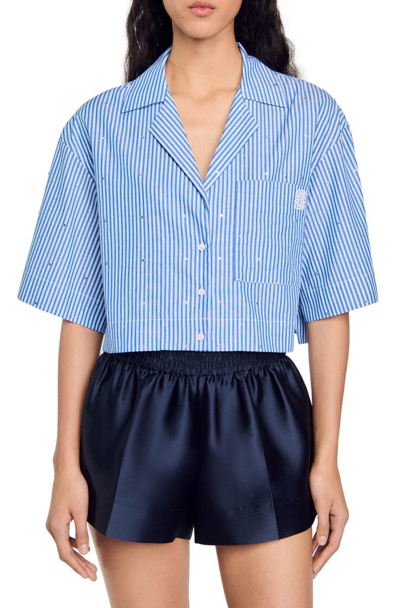 SANDRO Short-sleeved rhinestone shirt, Main, color, 