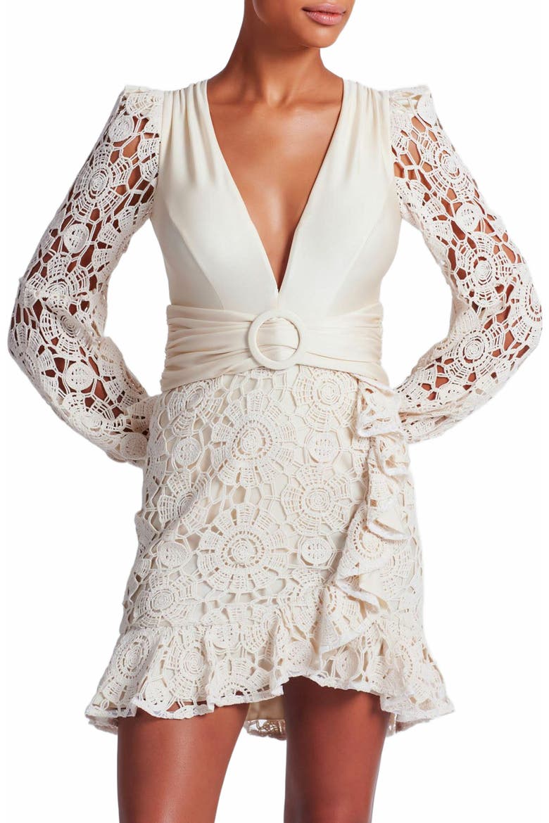 Crochet Plunge Mini Dress, Alternate, color, WHEAT