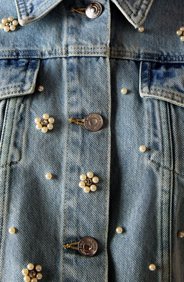 Steve Madden Blu Faux Pearl Detail Short Sleeve Denim Jacket, Alternate, color, Coastal Buffalo