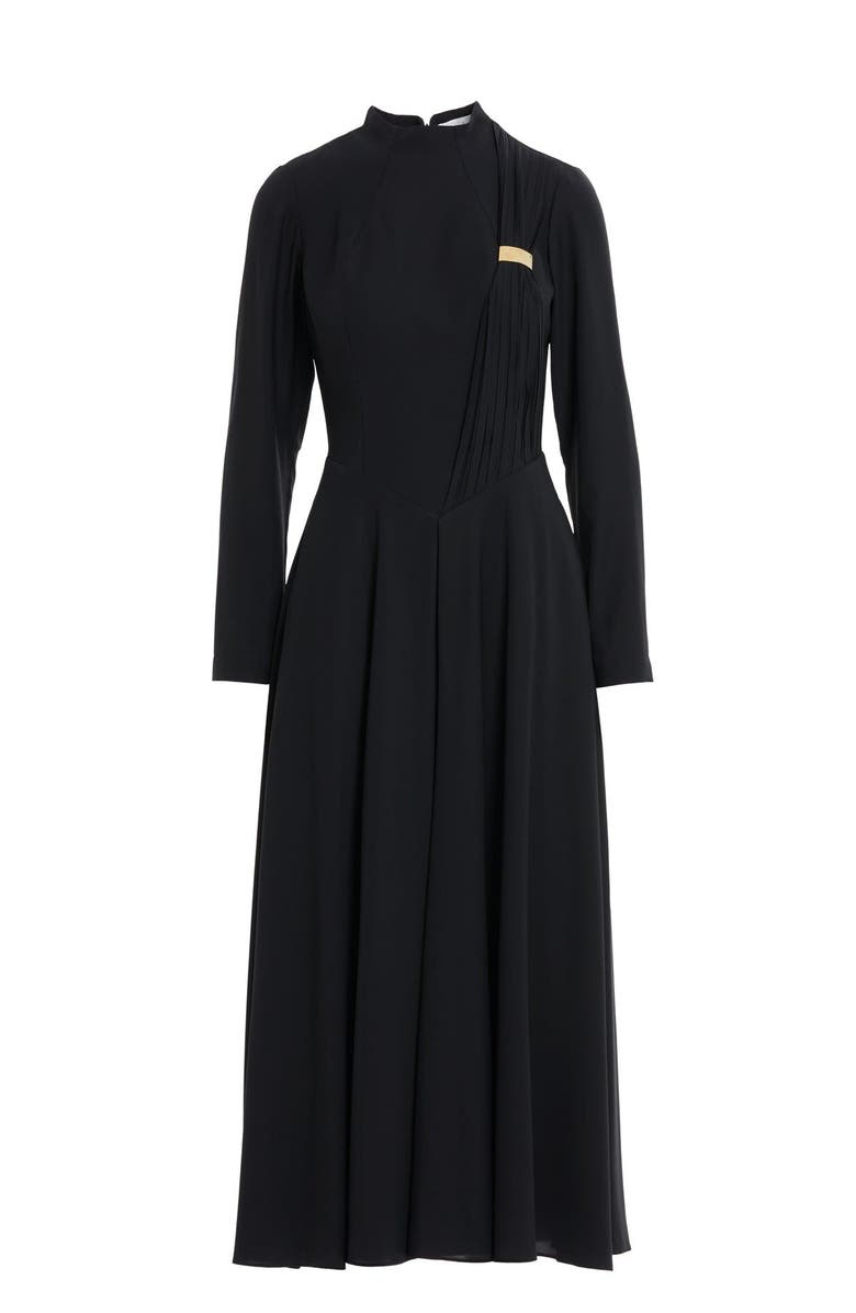 Gizia Buckle Detail Mock Neck Long Sleeve Black Midi Dress, Main, color, Black