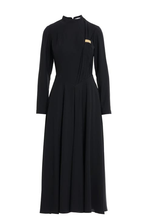 Buckle Detail Mock Neck Long Sleeve Black Midi Dress