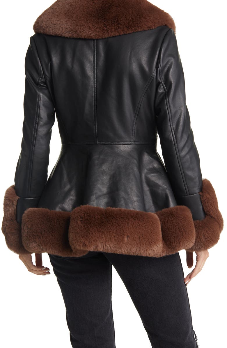 AZALEA WANG Faux Leather & Faux Fur Belted Coat, Alternate, color, Black