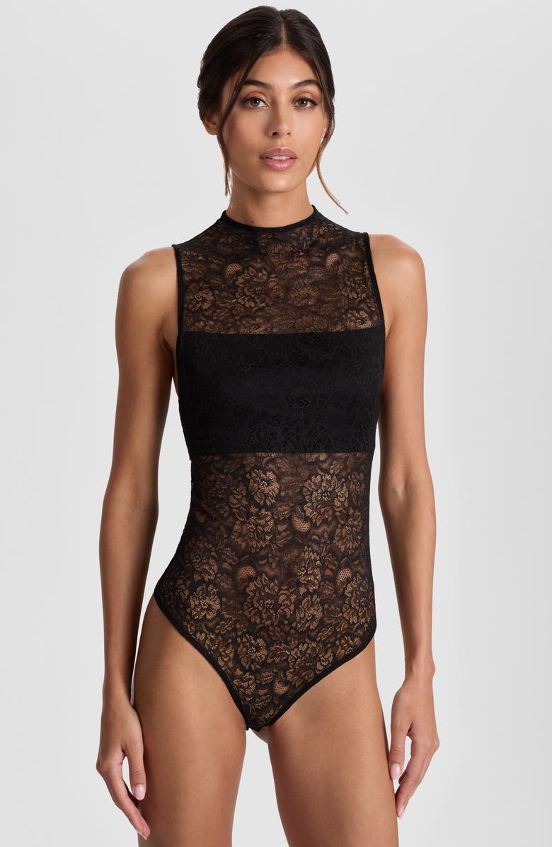Alice + Olivia Nichol Lace Bodysuit, Alternate, color, Black