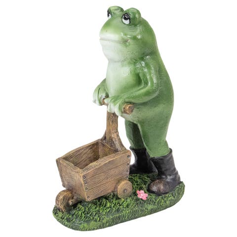 11.5" Green Frog Pushing Wheelbarrow Outdoor Garden Statue