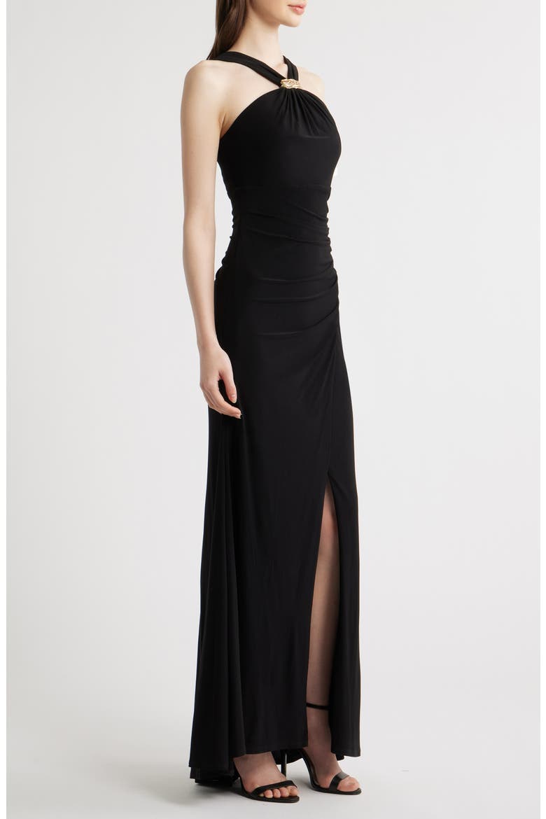 Halter Neck Ruched Mermaid Gown, Alternate, color, BLACK