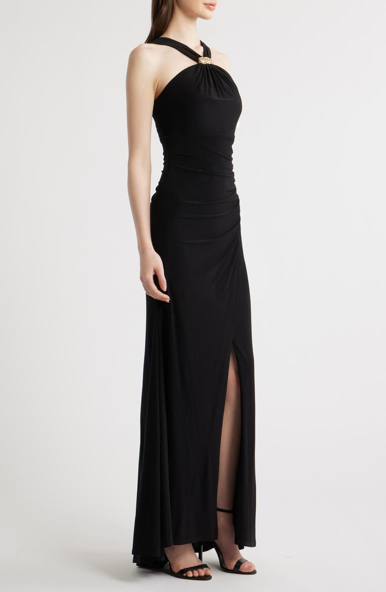 Eliza J Halter Neck Ruched Mermaid Gown, Alternate, color, Black