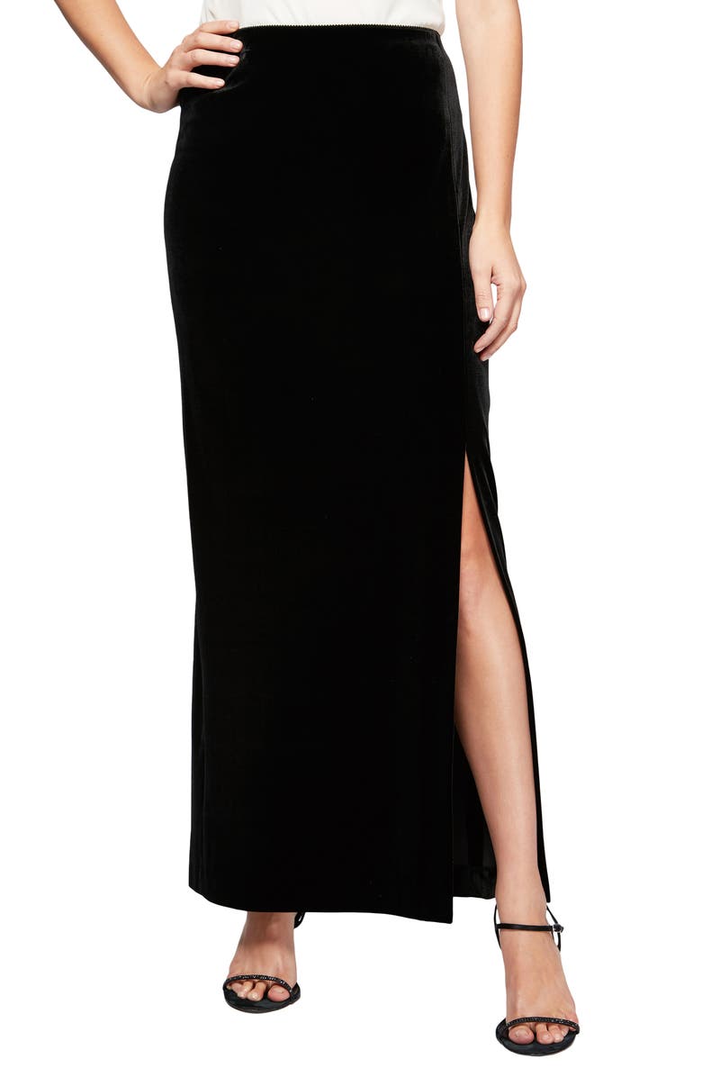 Alex Evenings Side Slit Velvet Maxi Skirt, Main, color, Black