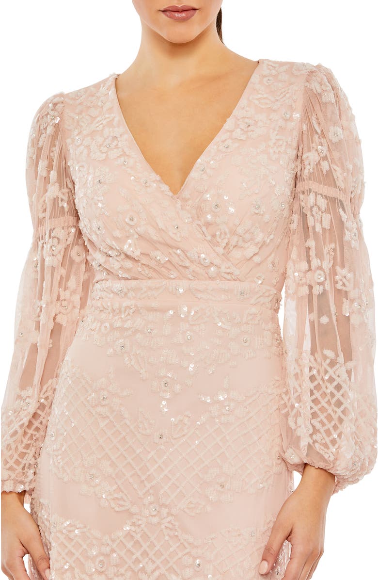 Mac Duggal Sequined Tiered Wrap Over Puff Sleeve Gown, Alternate, color, Blush