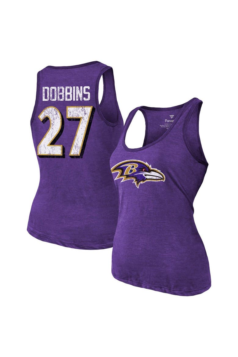 Women's Majestic Threads J.K. Dobbins Heathered Purple Baltimore Ravens Name & Number Tri-Blend Tank Top, Main, color, Purple