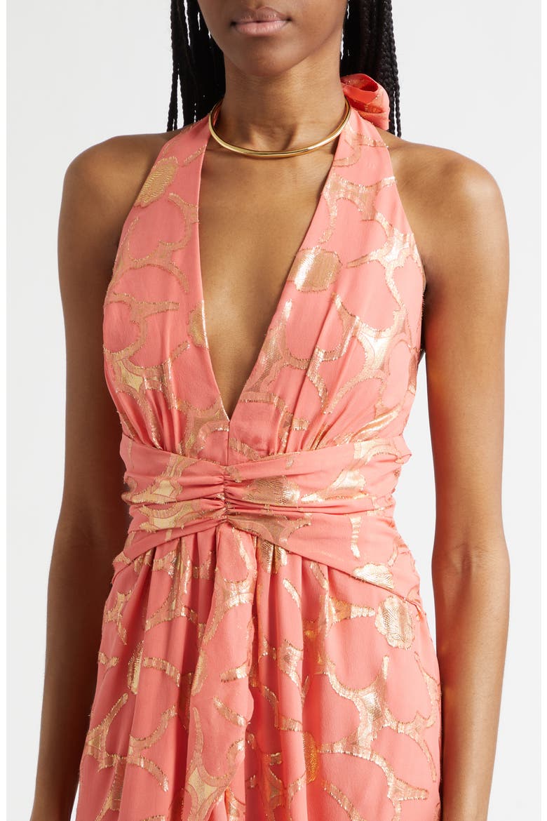 Stephanie Metallic Daisy Print Halter Gown, Alternate, color, CORAL JACQUARD