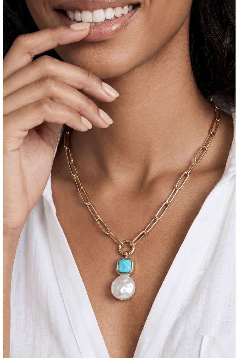 Reconstituted Turquoise and Imitation Pearl Pendant Necklace, Alternate, color, TURQUOISE