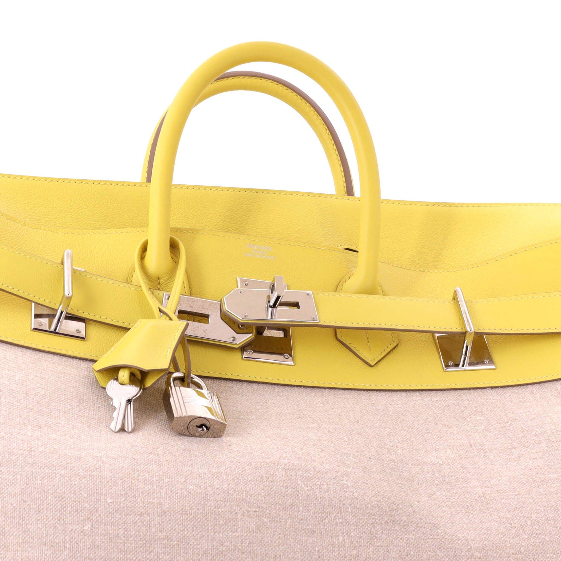 Pre-Owned Hermes HAC Birkin Bag Toile and Yellow Evercolor with Palladium Hardware 50, Alternate, color, Lime
