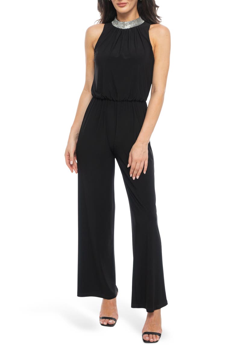 Rhinestone Halter Neck Jersey Jumpsuit, Main, color, BLACK