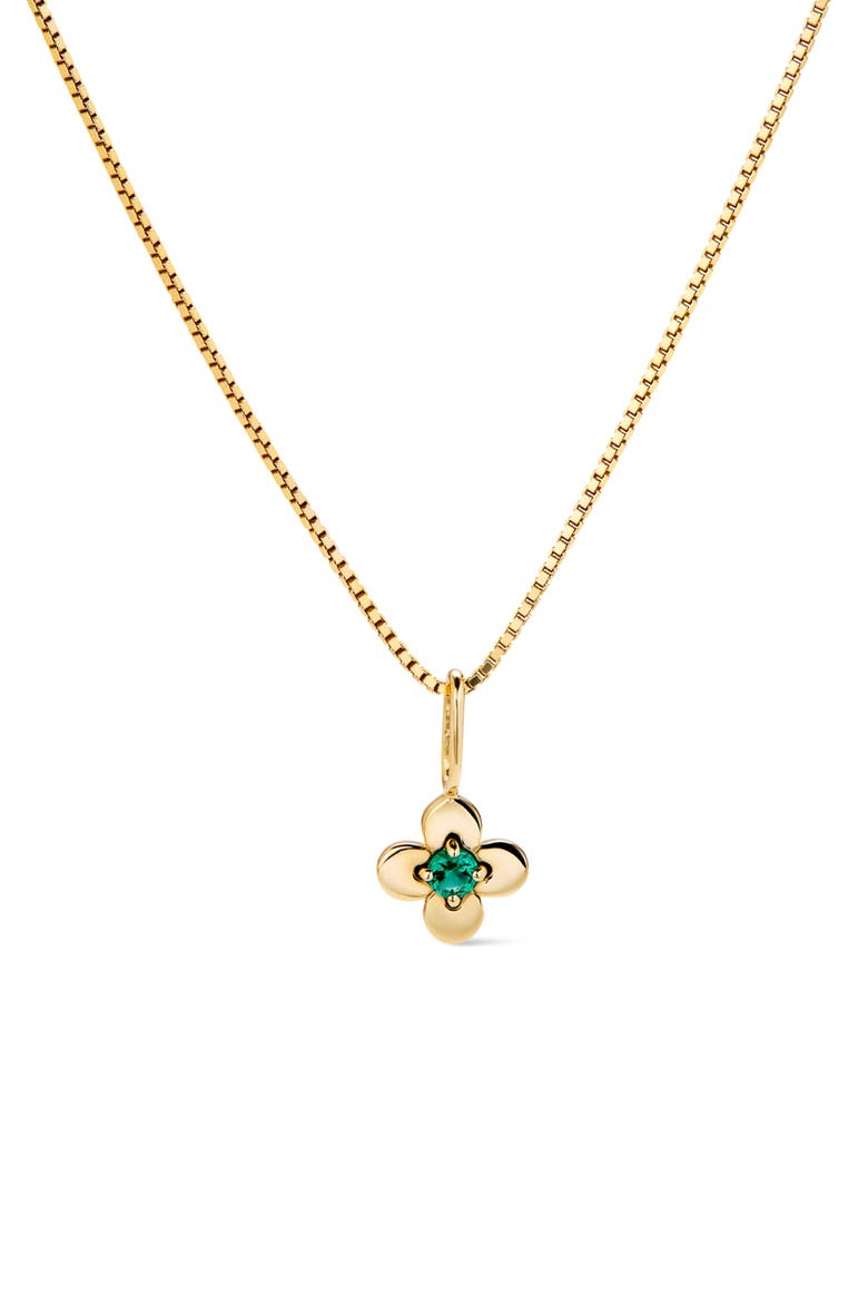 Solid Yellow Gold - Flower Charm Necklace, Main, color, Emerald