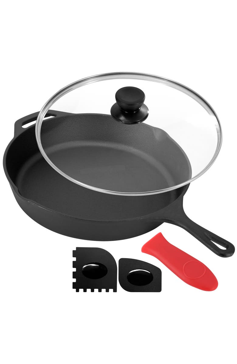 Megachef 12 Inch Pre-Seasoned Cast Iron Skillet with Tempered Glass Lid, Alternate, color, Black