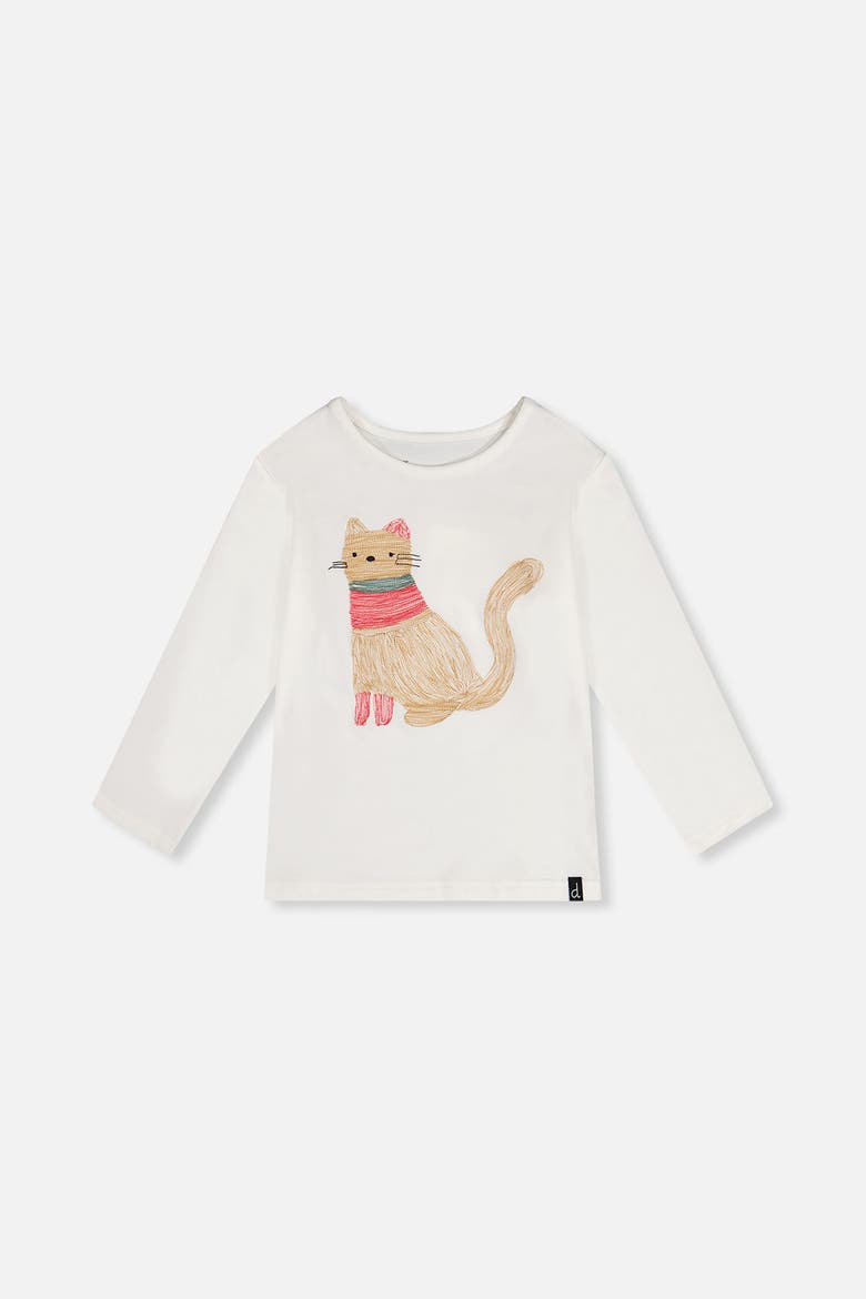 Organic Cotton Cat Embroidered Long Sleeve T-Shirt, Main, color, Off-White