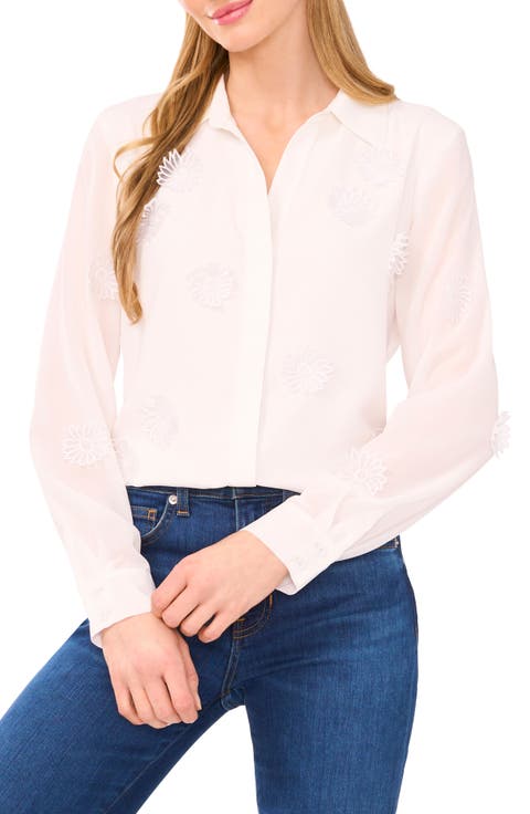 Floral Appliqué Georgette Button-Up Shirt