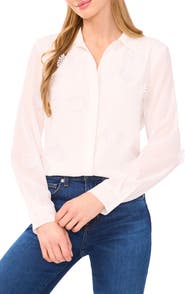 CeCe Floral Appliqué Georgette Button-Up Shirt
