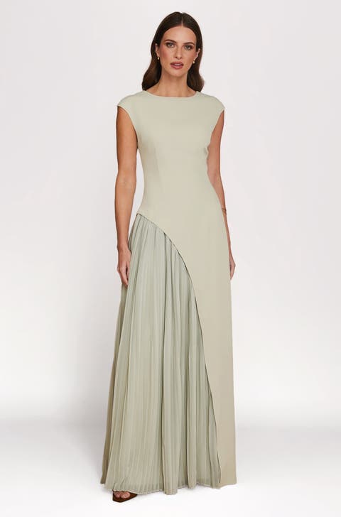 Pleated Skirt Cap Sleeve Maxi Dress