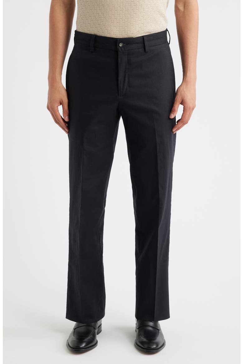 Pleated Cotton & Linen Straight Leg Pants, Main, color, BLACK