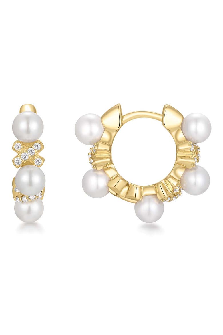Faux Pearl Pavé Hoop Earrings, Main, color, SHINY GOLD