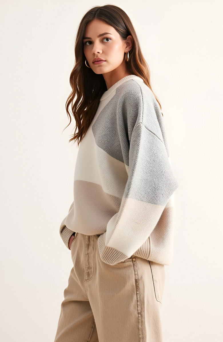Modenaire Oversized Colorblock Knit Sweater with Crew Neck, Alternate, color,