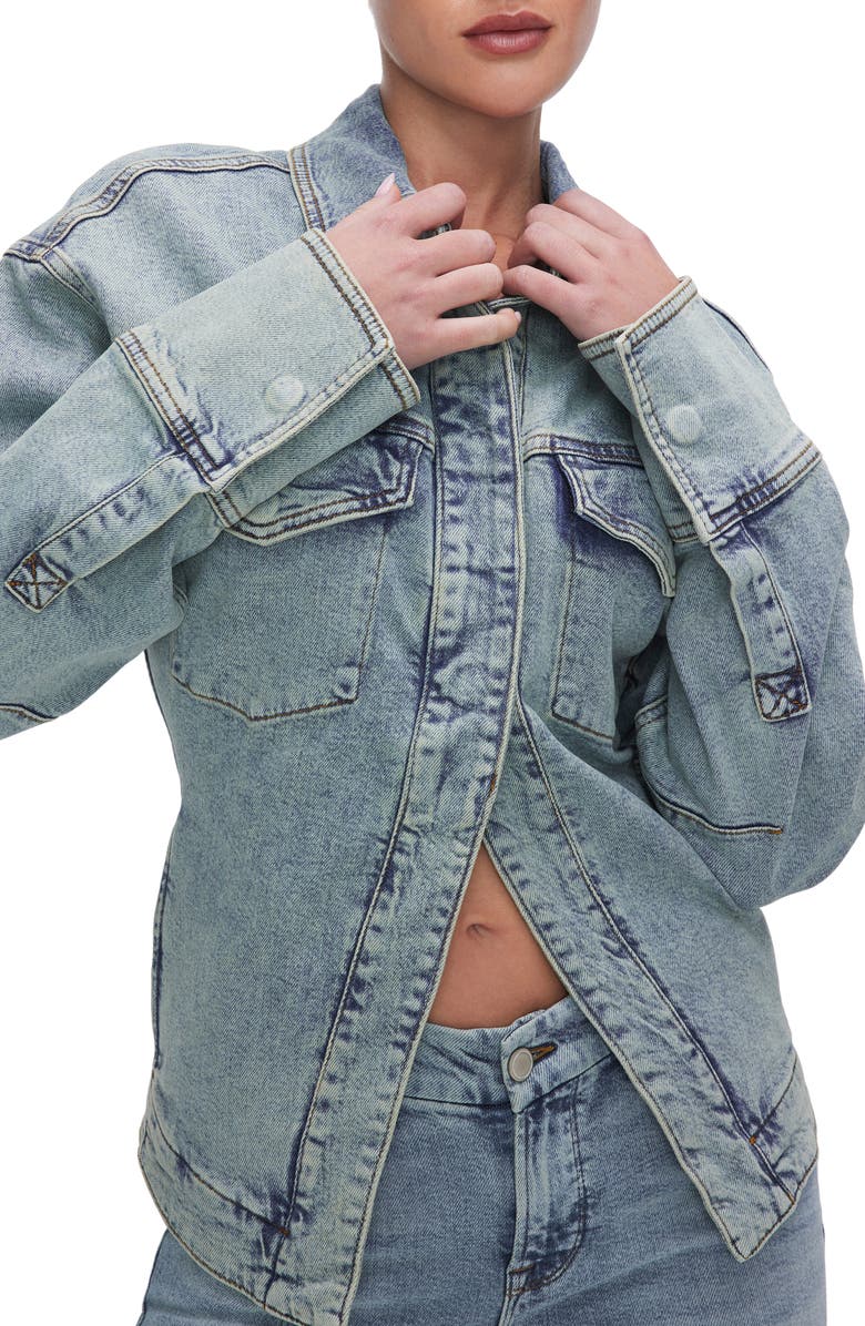 Good American Half-Snap Denim Trucker Jacket, Main, color, 