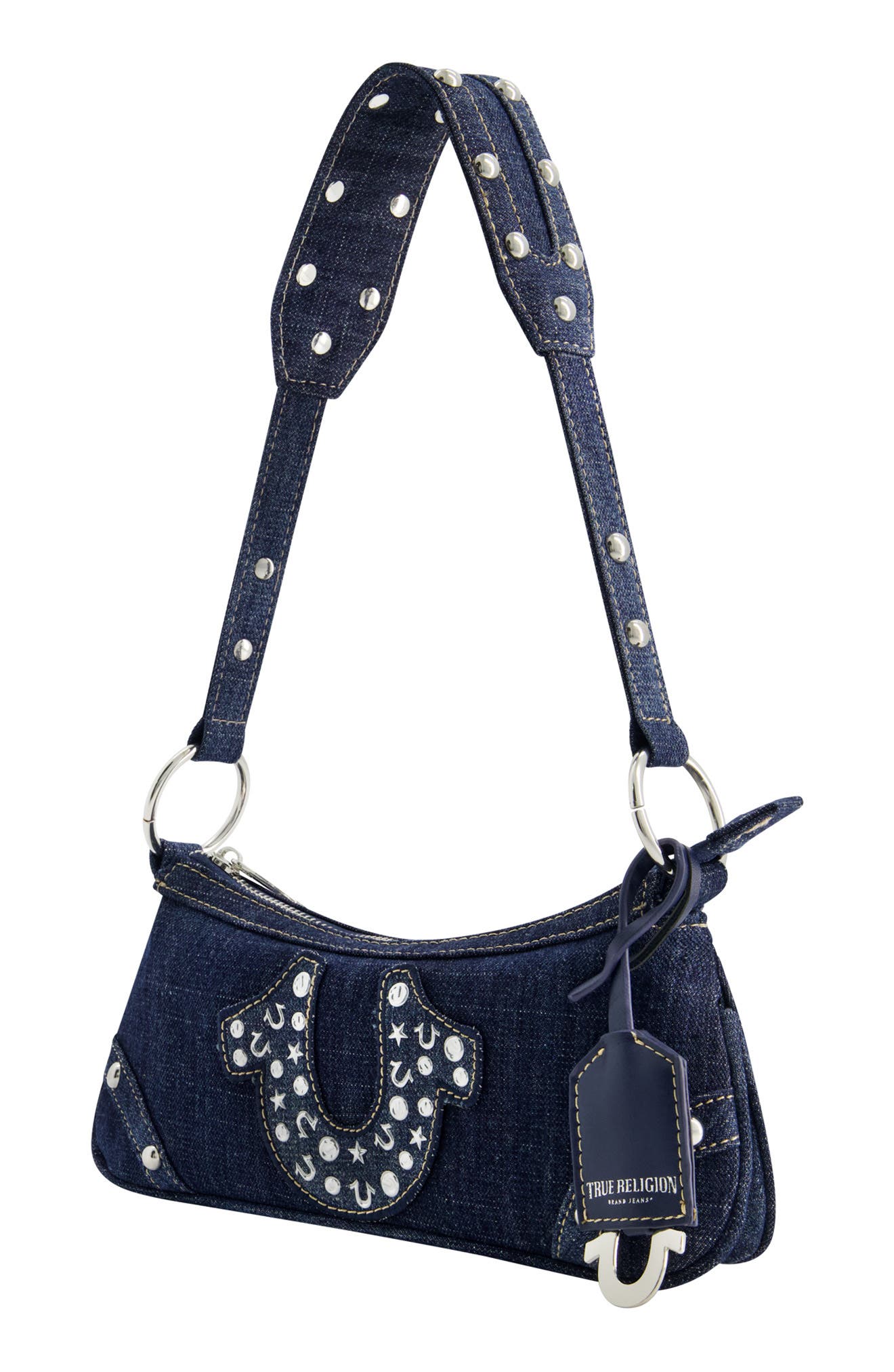 Studded Horseshoe Denim shoulder bag, Alternate, color, DENIM