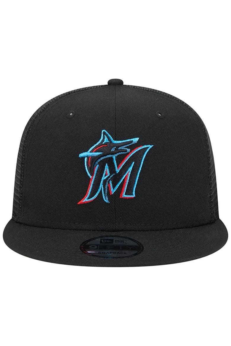 Men's New Era Black Miami Marlins Team Color Trucker 9FIFTY Snapback Hat, Alternate, color, Black