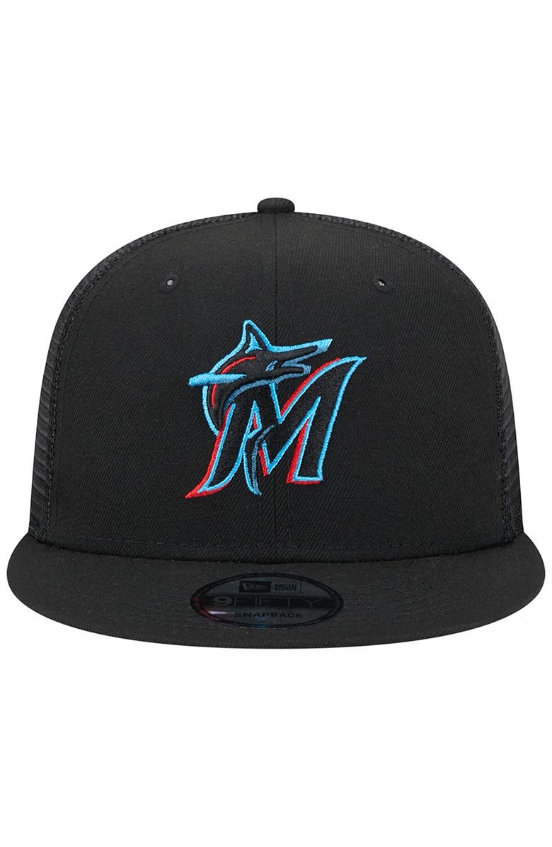 New Era Men's New Era Black Miami Marlins Team Color Trucker 9FIFTY Snapback Hat, Alternate, color, Black
