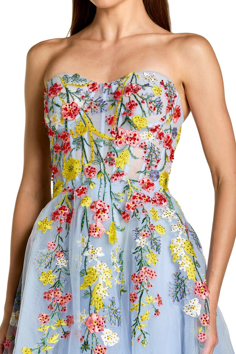Strapless Floral Embroidered A-Line Midi Dress, Alternate, color, Periwinkle Multi