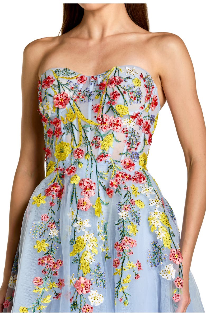 Mac Duggal Strapless Floral Embroidered A-Line Midi Dress, Alternate, color, Periwinkle Multi