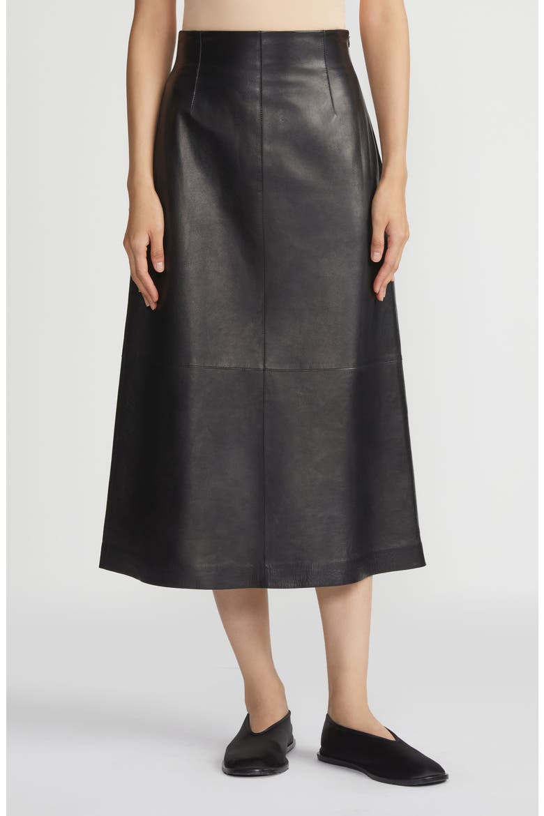 High Waist Napa Lambskin Leather A-Line Midi Skirt, Main, color, BLACK