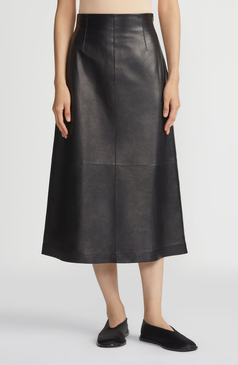 Lafayette 148 New York High Waist Napa Lambskin Leather A-Line Midi Skirt, Main, color, Black