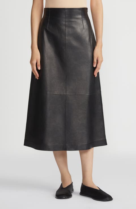 High Waist Napa Lambskin Leather A-Line Midi Skirt