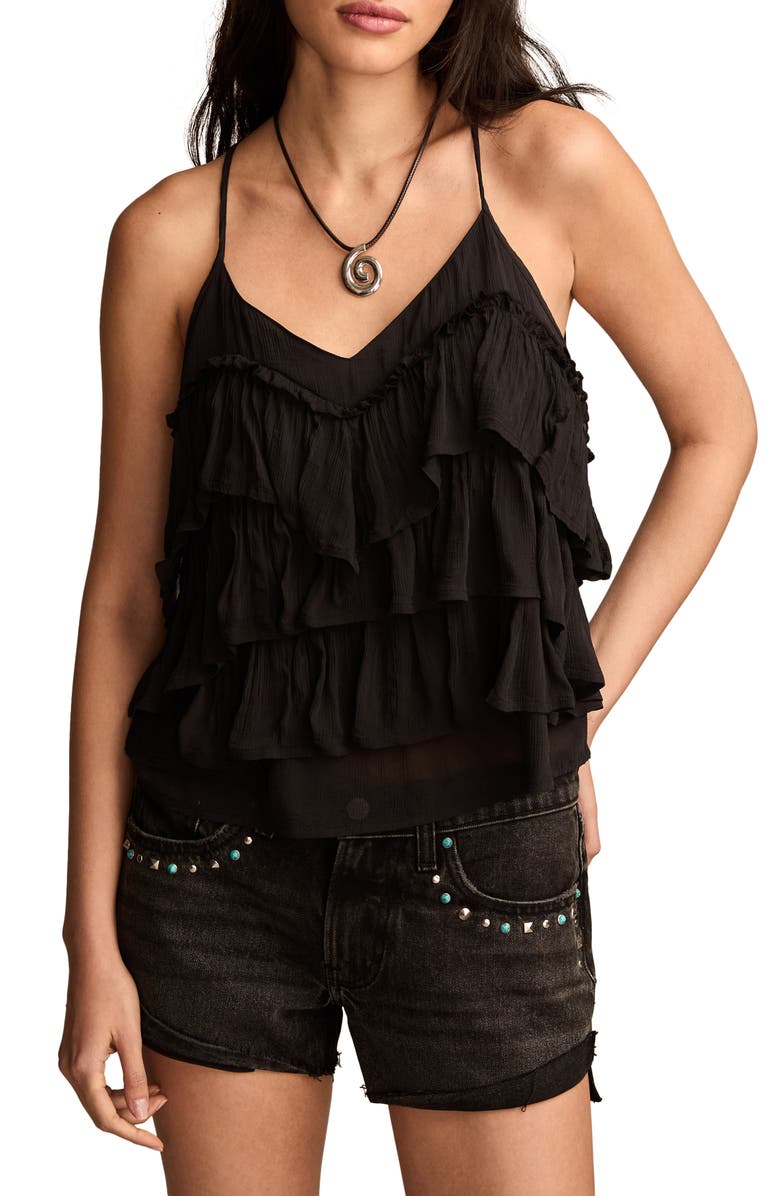 Lucky Brand Plissé Tiered Ruffle Chiffon Tank, Main, color, Jet Black