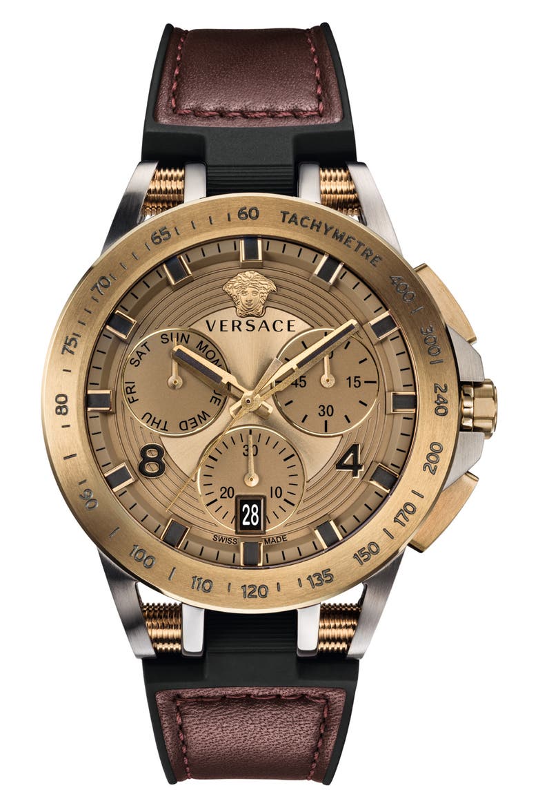 Sport Tech Chronograph Leather Strap Watch, 45mm, Main, color, BURGUNDY/ BRONZE