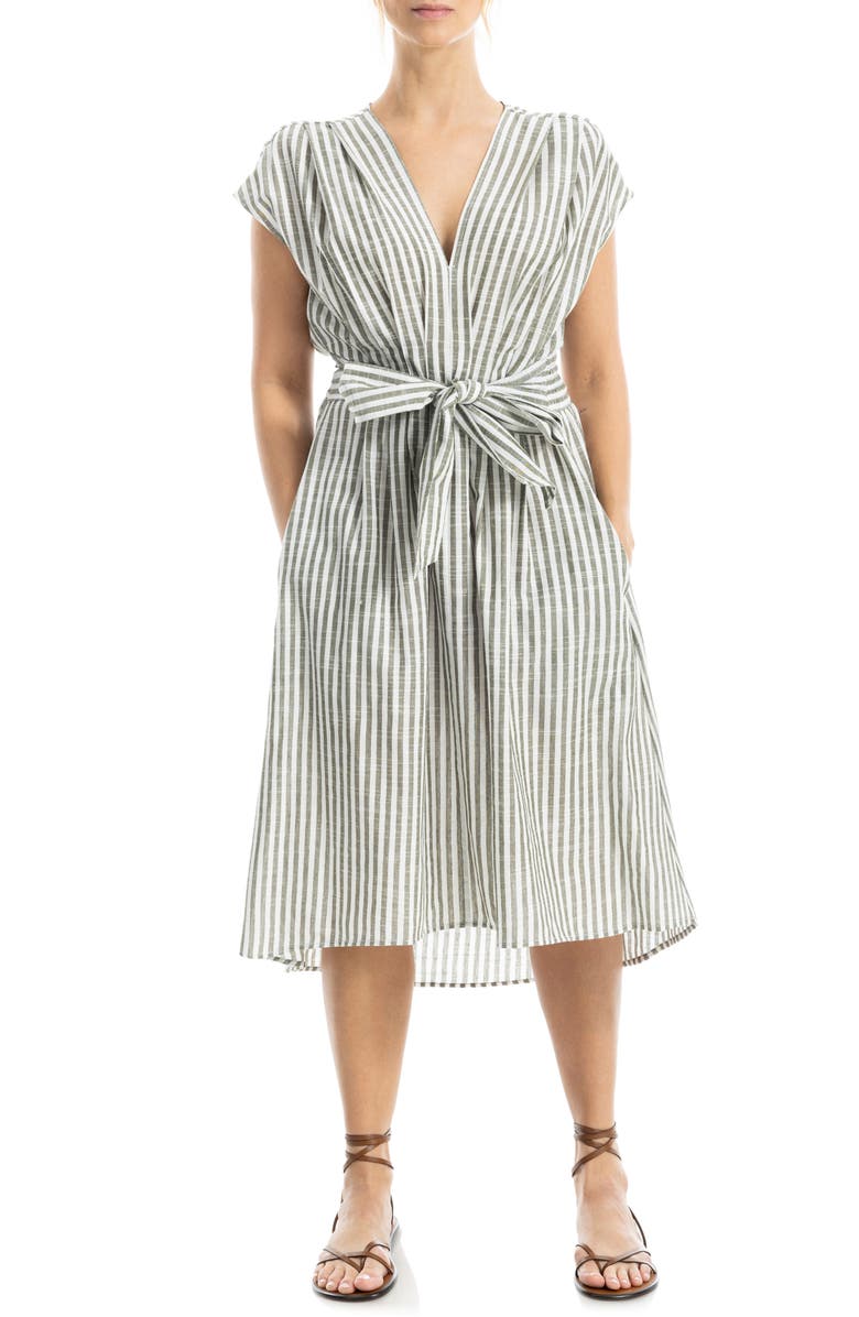 MAX STUDIO Stripe Tie Front Cotton Blend Dress, Main, color, Natural/ Olive Stripe